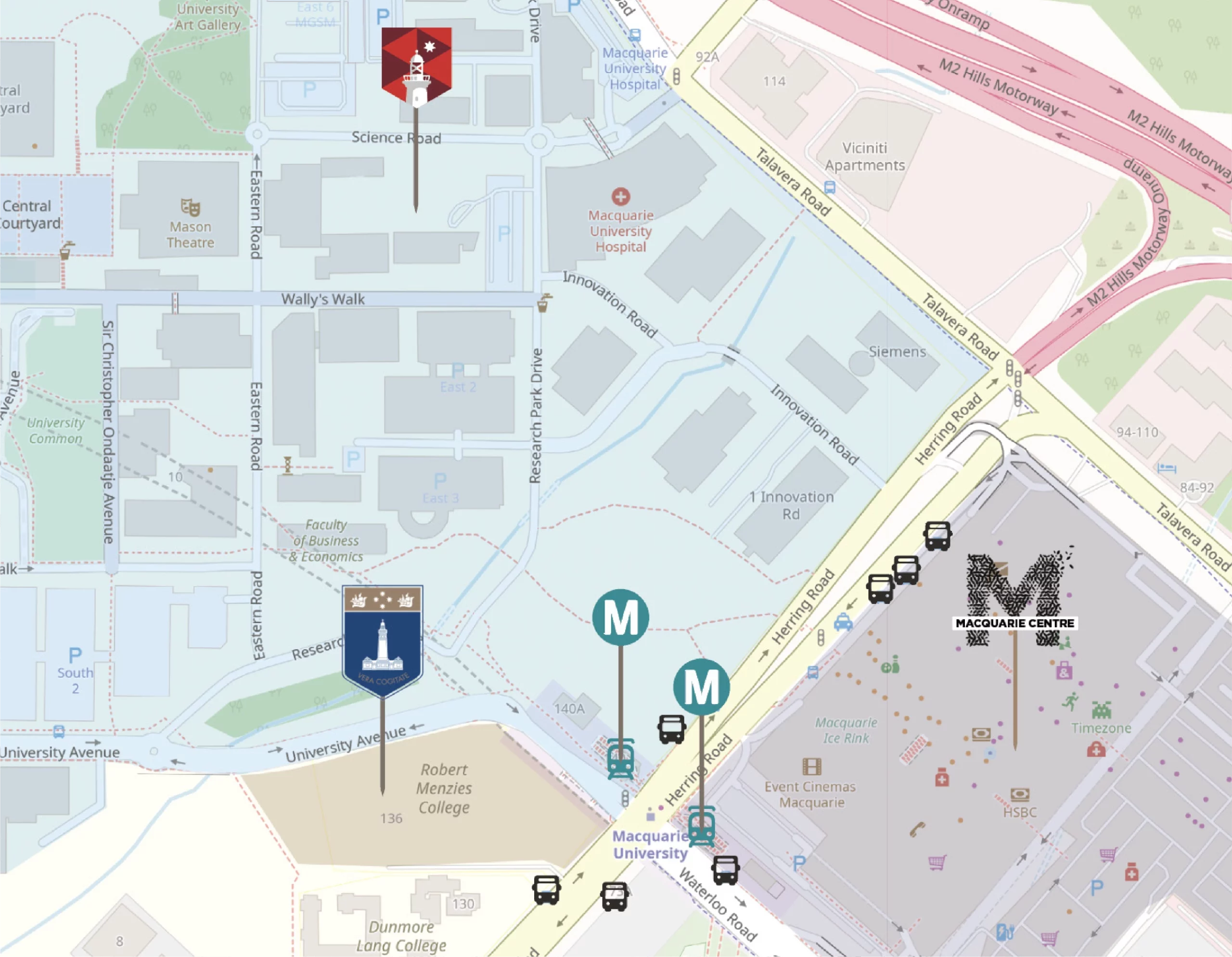Map showing Robert Menzies College on the Macquarie University campus, near the Metro and Macquarie Centre