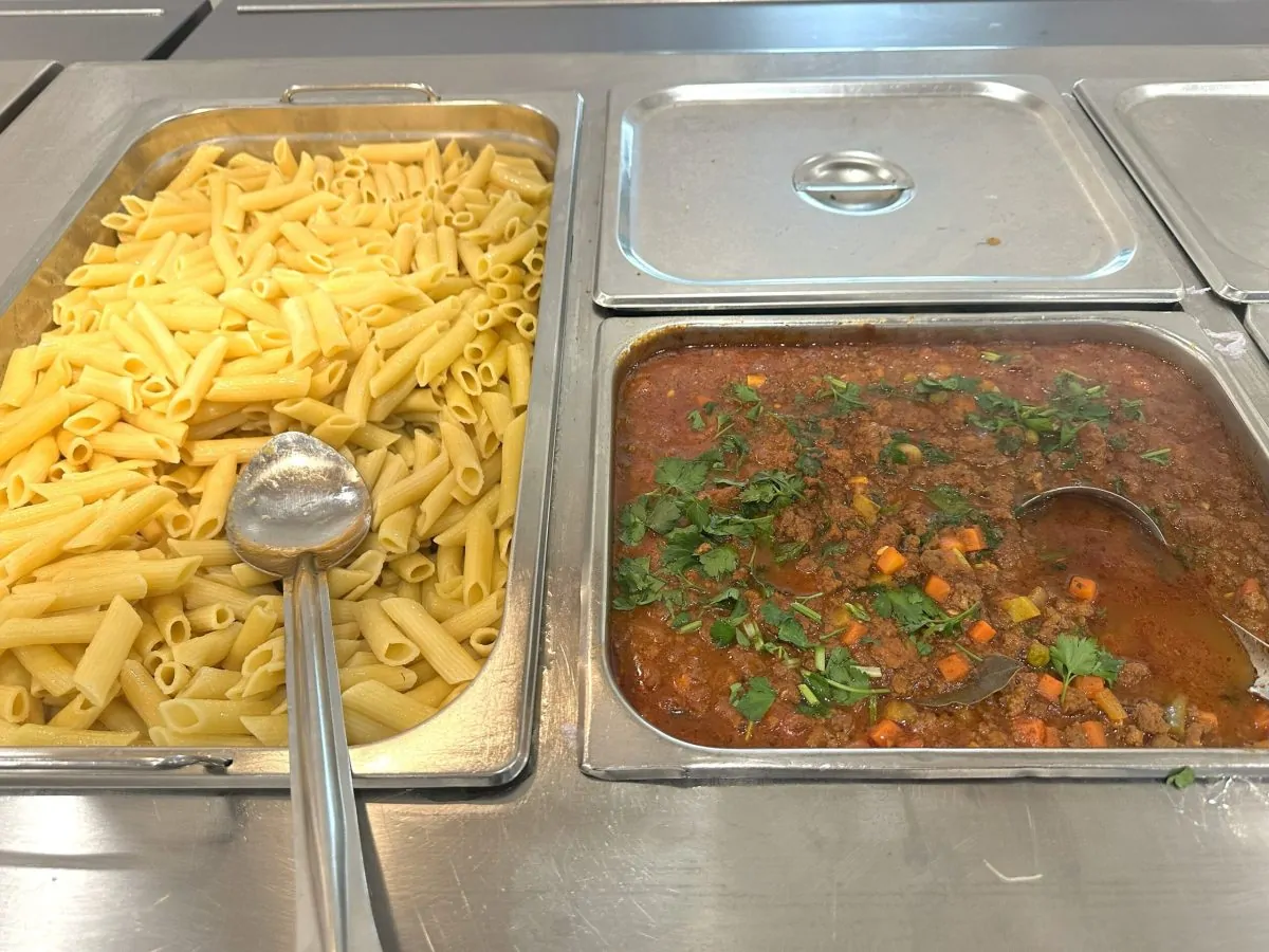 Pasta bolognese served in the Robert Menzies College dining hall